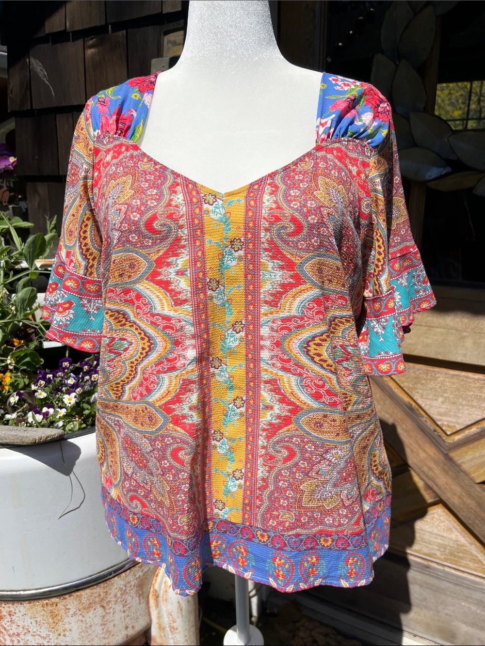 Umgee Multicolor Paisley Popover Top - Red, Turquoise, Yellow, Blue